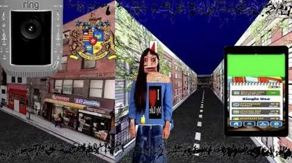 brain-rot” PC game, 'iPad Baby' from 2023, displays a similar ironicism in regards to digital “world-building,” poking fun mainly
at popular mobile games like Roblox and Subway Surfers while drawing on visual and audible vernaculars popular on various social media platforms. Differs markedly from 'Benzo' in its
encapsulation within the digital space itself.